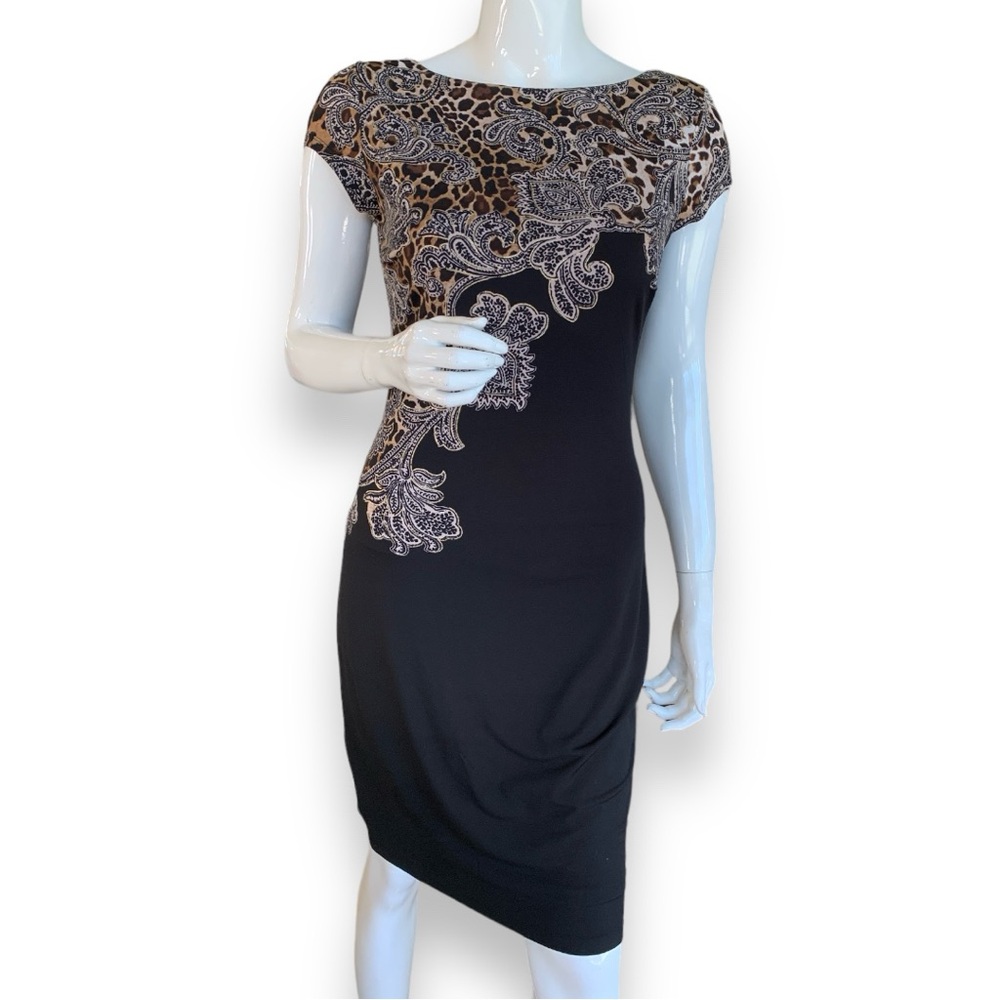 CACHE’ BLACK/GOLD BODYCON DRESS. WOMEN’S SIZE SMALL